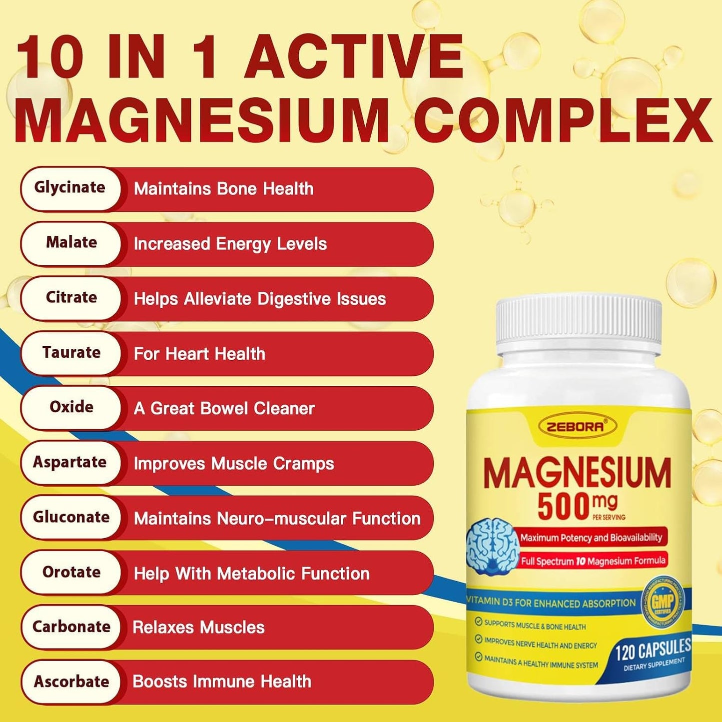 ZEBORA 10-in-1 Magnesium Complex Food Supplement - 500mg Magnesium Glycinate, Citrate & Malate with Vitamin D3 & Zinc - 120 Capsules - görsel 5