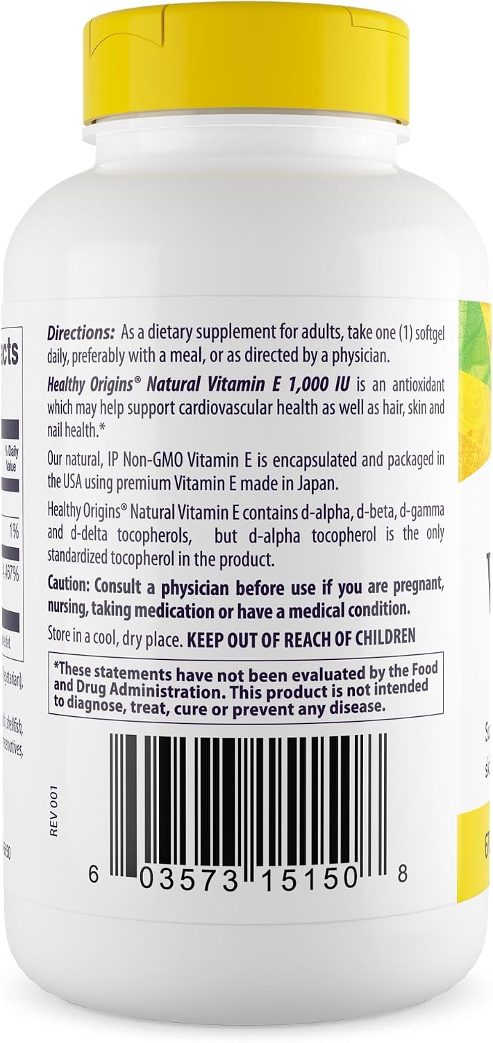 Healthy Origins Vitamin E, 1,000 IU (Natural) Mixed Tocopherols - Gluten-Free & Non-GM - 120 Softgels - görsel 2