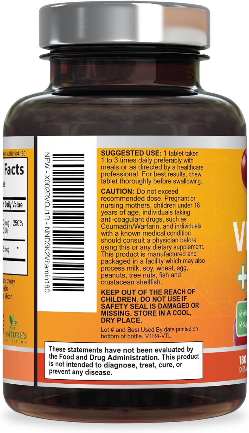 Nature's Nutrition Vitamin D3 K2 Supplement - 2000 IU D3 + 75 mcg MK-7 - Chewable, Berry Flavour - 180 Tablets - görsel 8