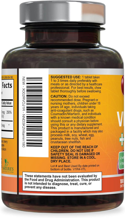 Nature's Nutrition Vitamin D3 K2 Supplement - 2000 IU D3 + 75 mcg MK-7 - Chewable, Berry Flavour - 180 Tablets