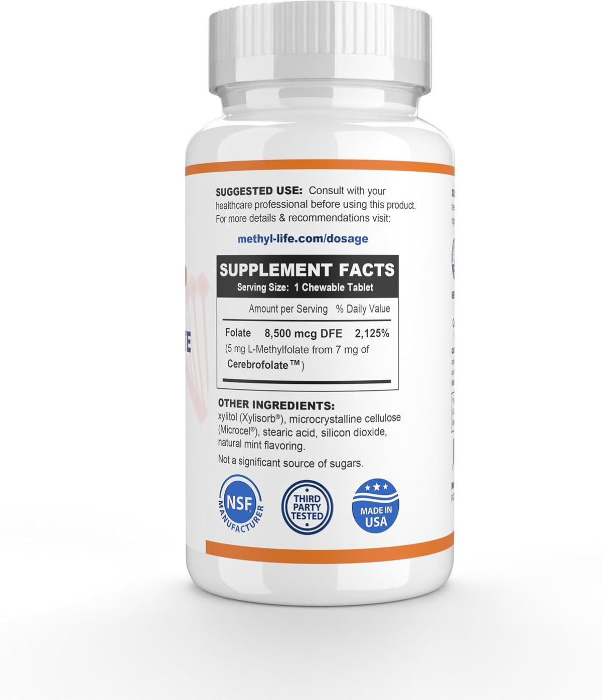 Methyl-Life® L-Methylfolate 5 mg - Chewable Active Folate Tablets with Cerebrofolate® (L-5-MTHF, Calcium) | Vegan, Non-GMO, Gluten-Free | 90 Chewable Tablets - görsel 3