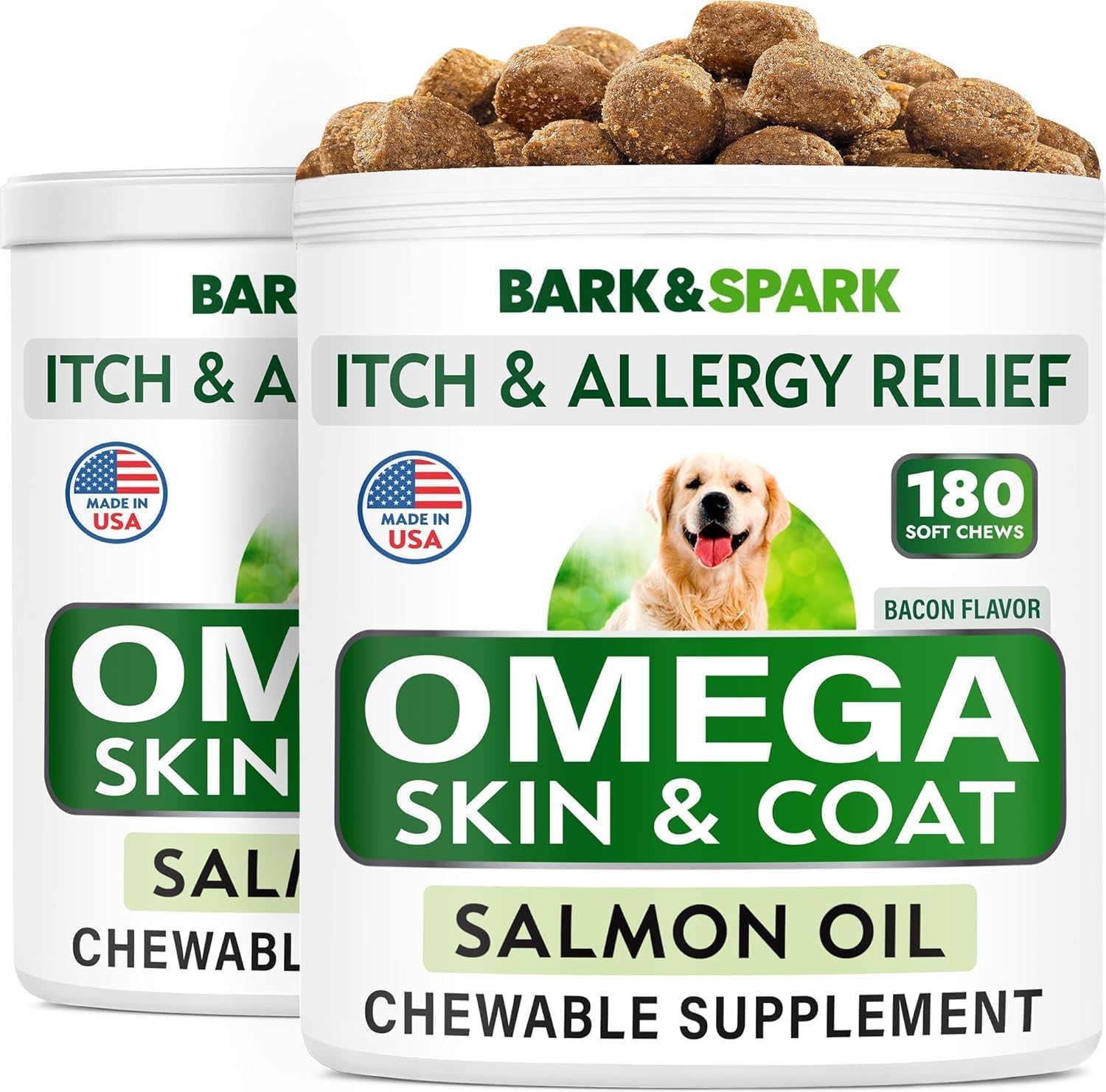 BARK&SPARK Omega-3 for Dogs - 360 Fish Oil Chews for Shedding, Skin Allergy, Itch Relief, Hot Spots Support - Joint Health - Skin and Coat Supplement - EPA & DHA Fatty Acids - Salmon Oil - Bacon Flavour - görsel 1