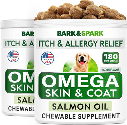 BARK&SPARK Omega-3 for Dogs - 360 Fish Oil Chews for Shedding, Skin Allergy, Itch Relief, Hot Spots Support - Joint Health - Skin and Coat Supplement - EPA & DHA Fatty Acids - Salmon Oil - Bacon Flavour