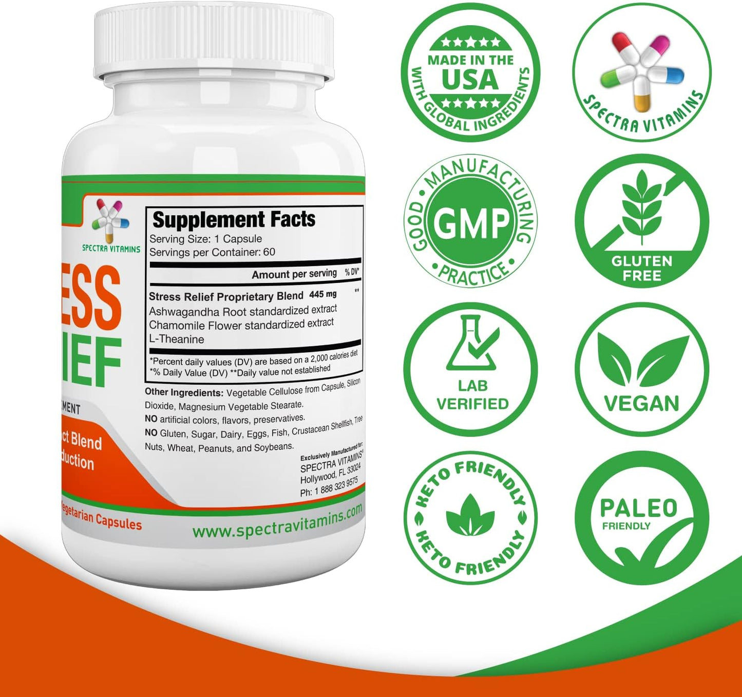 Spectra Vitamins Stress Relief for Adults - Natural Supplement with Ashwagandha, Chamomile & L-Theanine, Focus and Calm Support, 60 Capsules - görsel 5