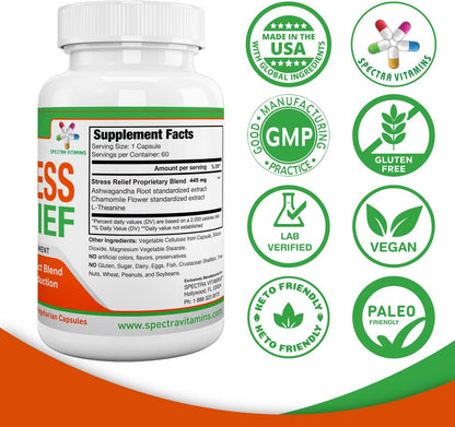 Spectra Vitamins Stress Relief for Adults - Natural Supplement with Ashwagandha, Chamomile & L-Theanine, Focus and Calm Support, 60 Capsules