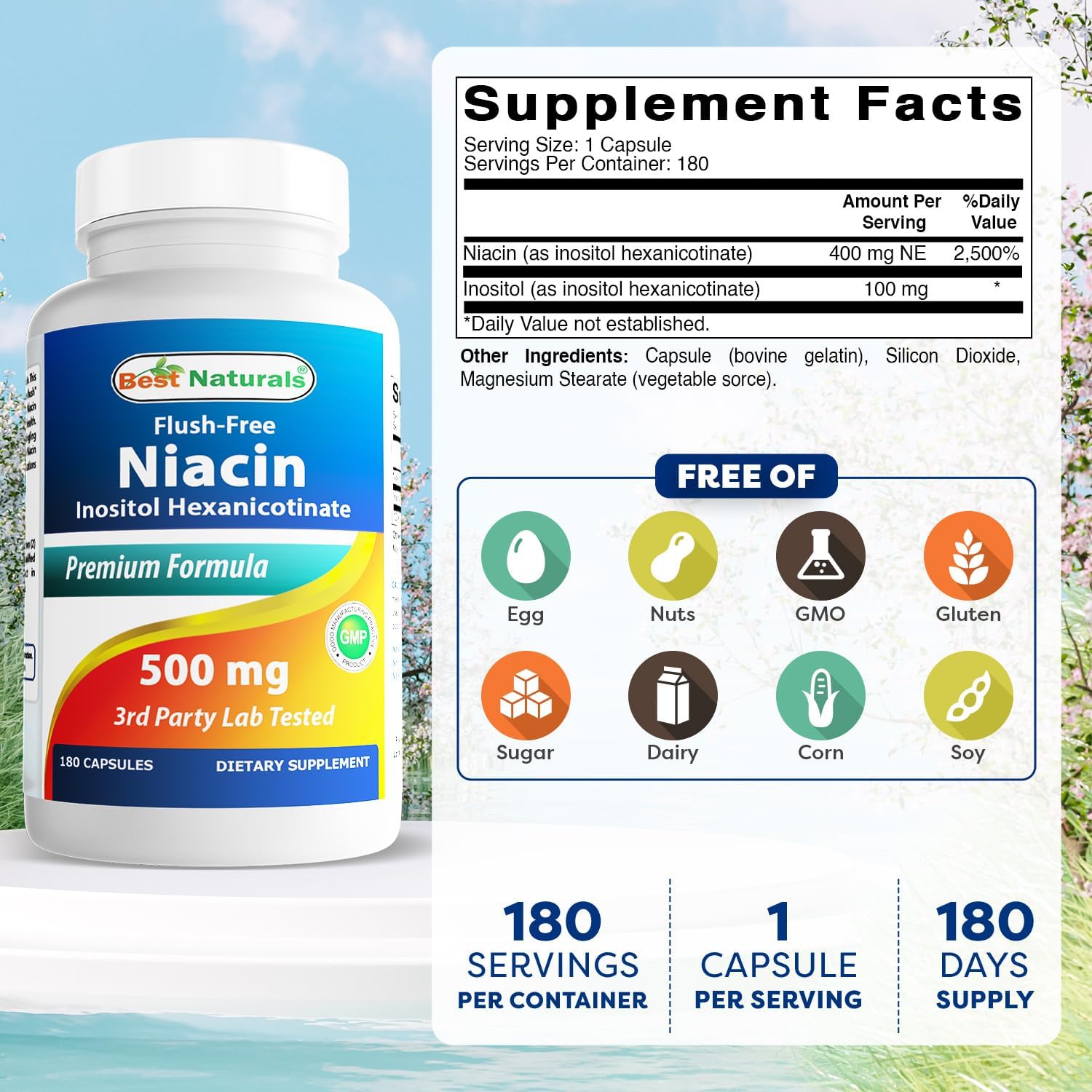 Best Naturals Flush-Free Niacin Inositol Hexanicotinate 500 mg, 180 Capsules - görsel 2