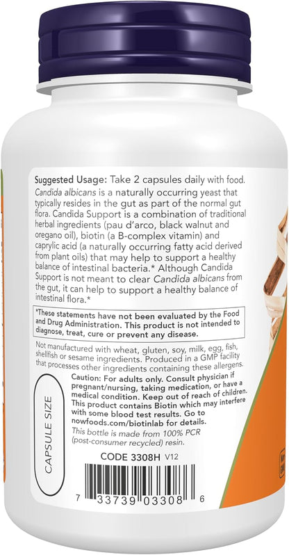 NOW Bacillus Support with Pau D'Arco, Oregano Oil, Black Walnut & Caprylic Acid, 90 Veg Capsules