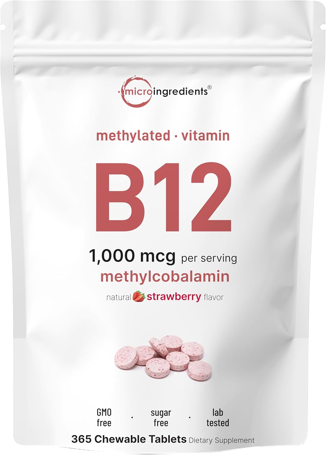 Micro Ingredients Vitamin B12 1,000 mcg Methylcobalamin – 365 Chewable Tablets, Fast Dissolve, Strawberry Flavour - görsel 1