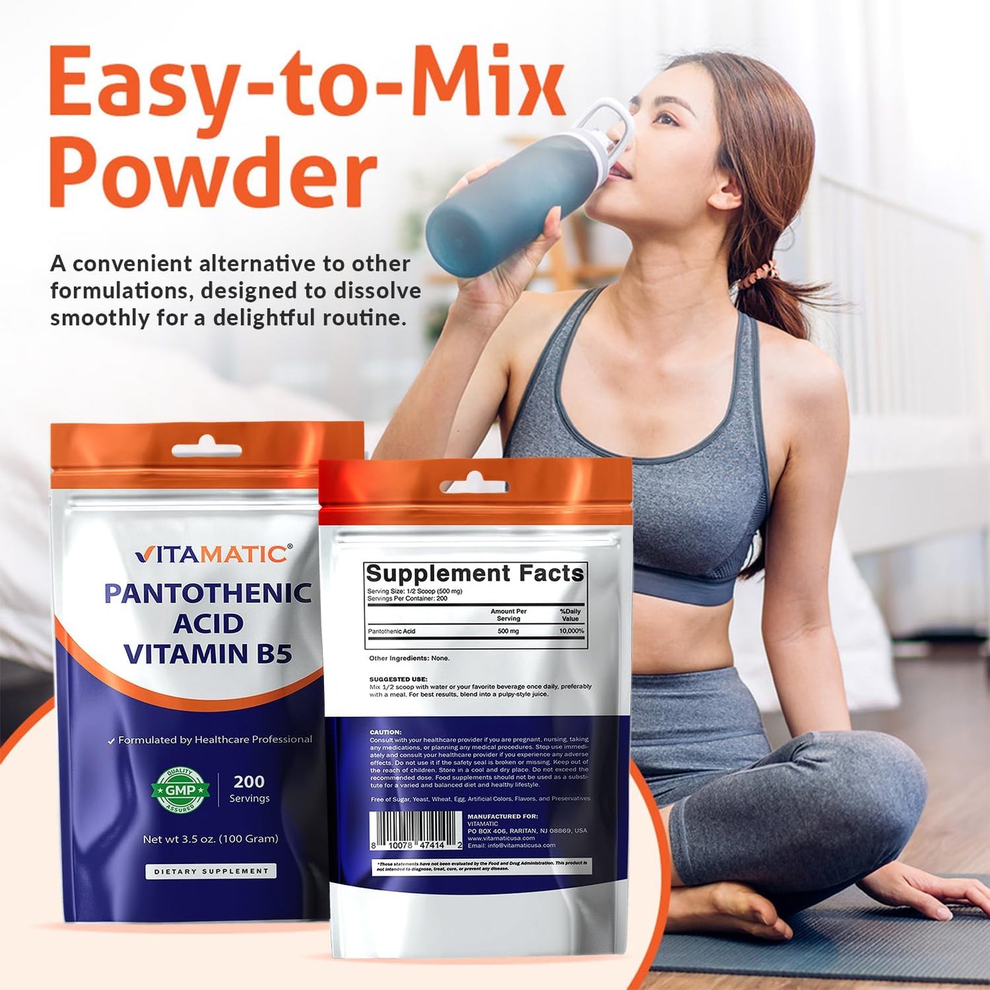 Vitamatic Pantothenic Acid Pure Powder, 500 mg per serving, 100 g (200 Servings) - görsel 3