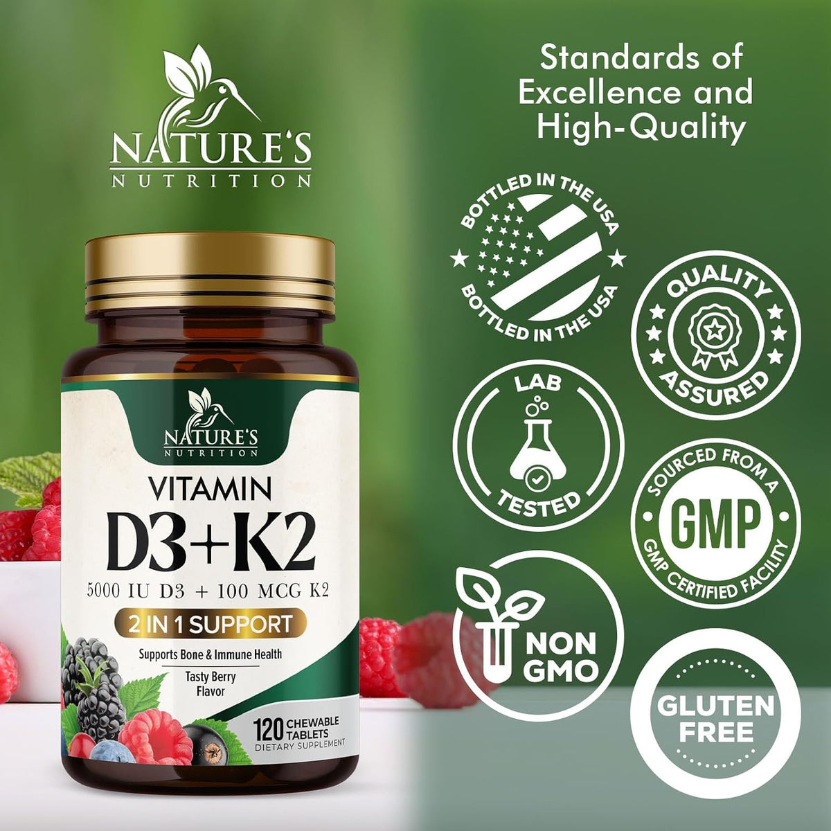 Vitamin D3 K2 Supplement | 5000 IU D3 + 100 mcg K2 (MK-7) | Chewable Tablets - Berry Flavour - görsel 4