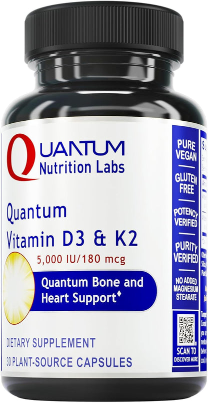 Quantum Nutrition Labs Vitamin D3 and K2 Supplement - 5000 IU, Vegan, Bone and Heart Health - 30 Capsules