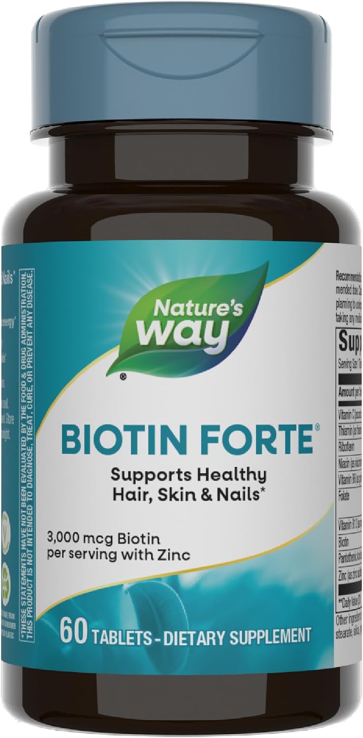 Nature's Way Extra Strength Biotin Forte, Contributes to Normal Hair, Skin and Nails, 5,000 mcg per Serving, High Potency B-Vitamins, Vitamin C, 60 Vegan Tablets - görsel 1