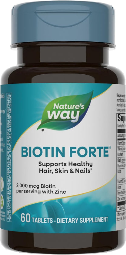 Nature's Way Extra Strength Biotin Forte, Contributes to Normal Hair, Skin and Nails, 5,000 mcg per Serving, High Potency B-Vitamins, Vitamin C, 60 Vegan Tablets