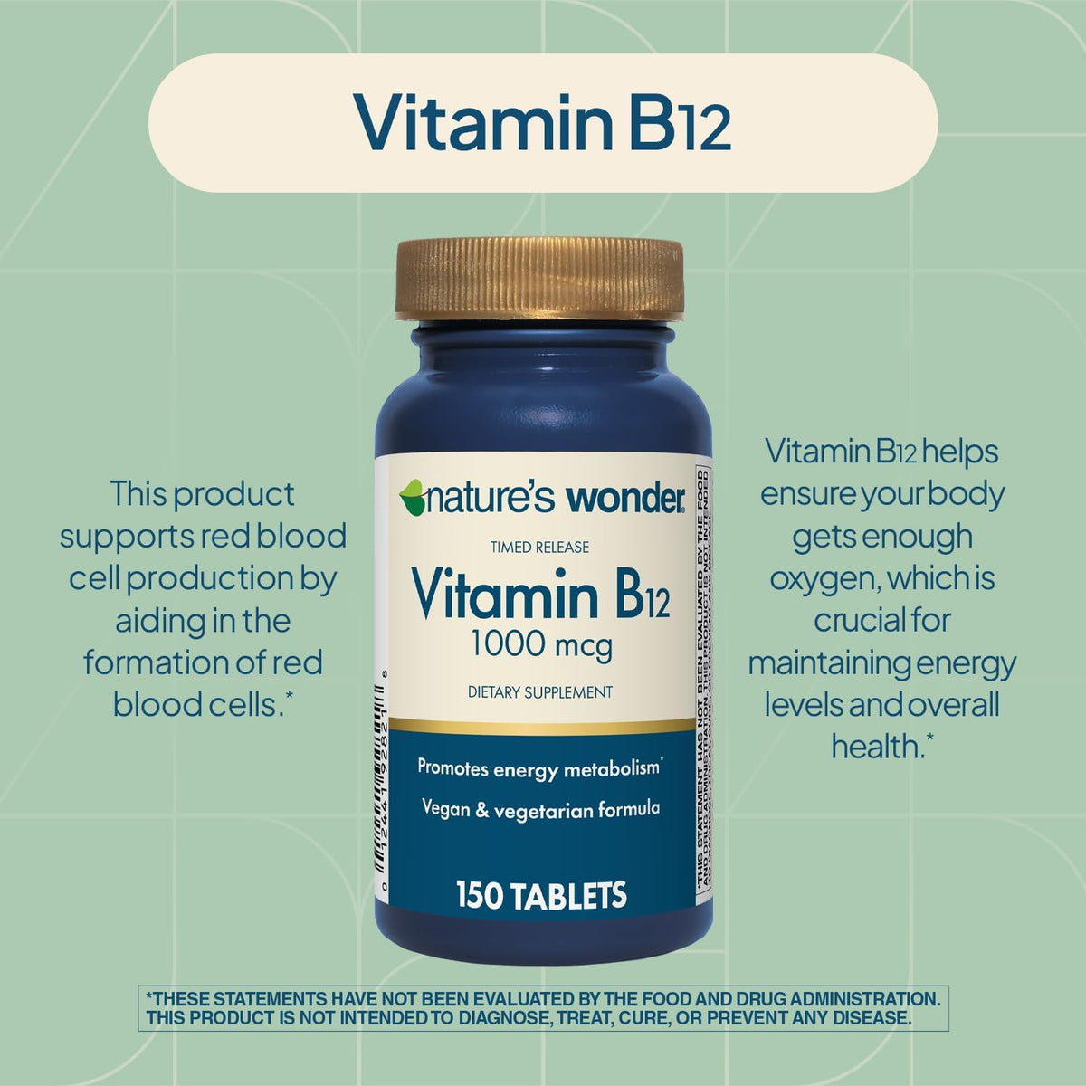 Nature's Wonder Vitamin B12 1000 mcg Timed Release Tablets for Energy Metabolism, Supports Normal Nervous System and Psychological Function, 150 Day Supply, 150 Tablets - görsel 6