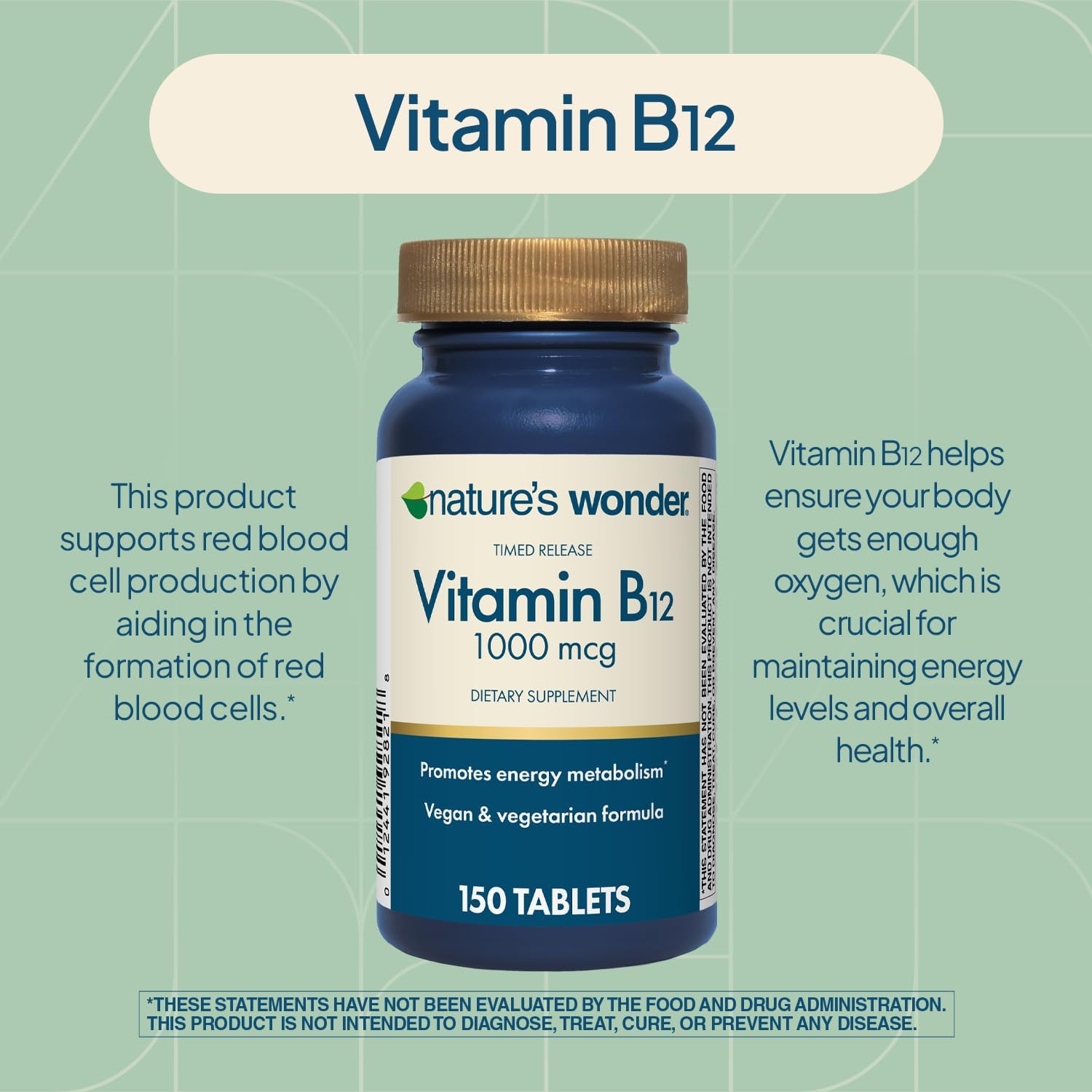 Nature's Wonder Vitamin B12 1000 mcg Timed Release Tablets for Energy Metabolism, Supports Normal Nervous System and Psychological Function, 150 Day Supply, 150 Tablets - görsel 6