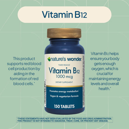 Nature's Wonder Vitamin B12 1000 mcg Timed Release Tablets for Energy Metabolism, Supports Normal Nervous System and Psychological Function, 150 Day Supply, 150 Tablets