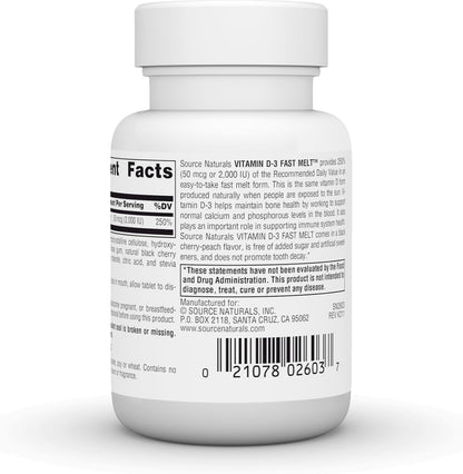Source Naturals Vitamin D-3 Fast Melt Tablets, Black Cherry Peach Flavour, 120 Tablets