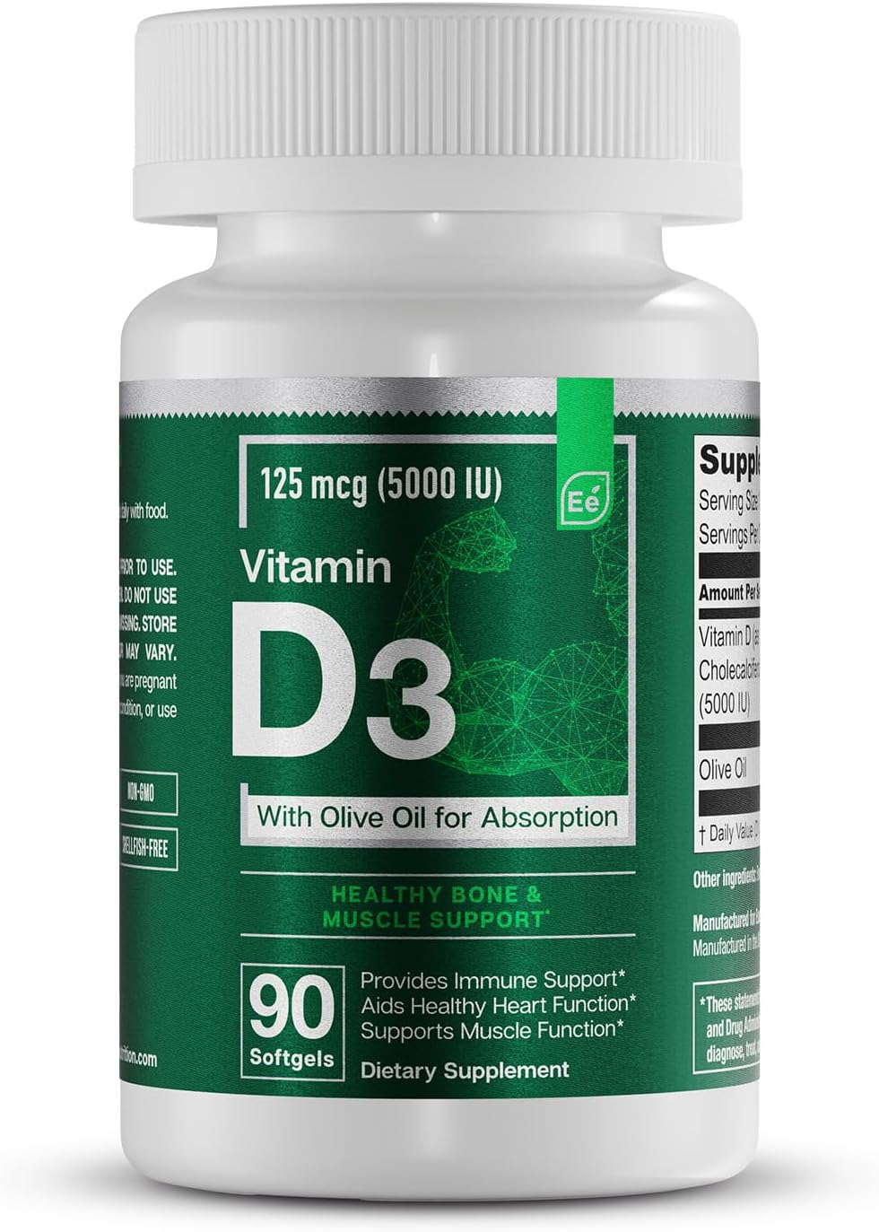 Essential Elements Vitamin D3 5000 IU – Soft gel capsules with Olive Oil – Bone, Muscle and Immune Support – 90 Soft gel capsules - görsel 1