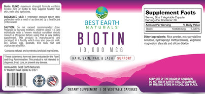 Best Earth Naturals Biotin 10,000mcg – Extra Strength Supplement for Hair, Skin & Nails