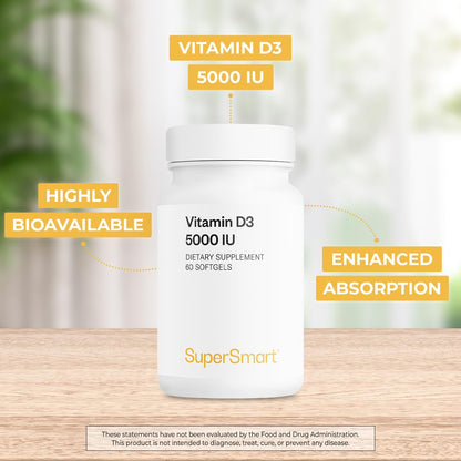 Supersmart Vitamin D3 5000 IU (125 mcg) - High Potency with Sunflower Oil - Non-GM & Gluten-free - 60 Softgels