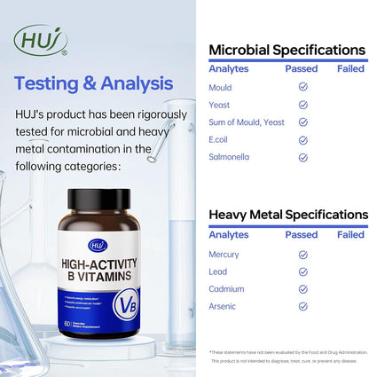 HUJ High-Activity B Vitamins – Contributes to Normal Energy Metabolism and Nervous System Function – Food Supplement with 8 B Vitamins, Inositol and D-Chiro Inositol – 60 Capsules