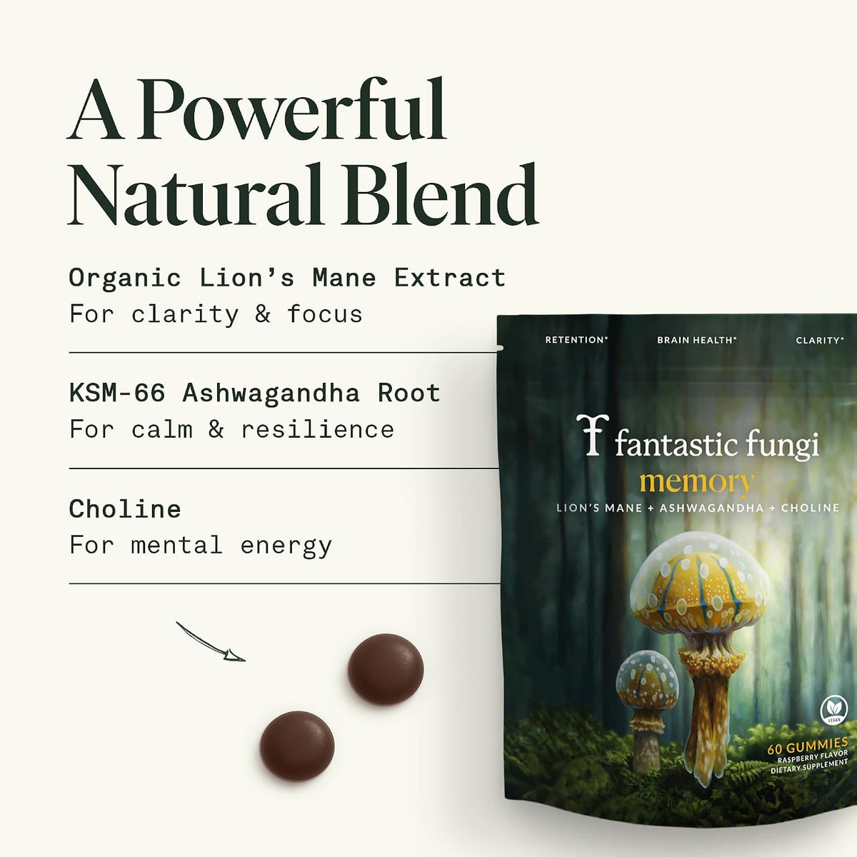Organic Mushroom Gummies for Focus & Memory - Lion's Mane, Choline & Ashwagandha | Vegan, Sweet & Sour Flavour | 60 Chewables - görsel 4