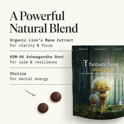 Organic Mushroom Gummies for Focus & Memory - Lion's Mane, Choline & Ashwagandha | Vegan, Sweet & Sour Flavour | 60 Chewables