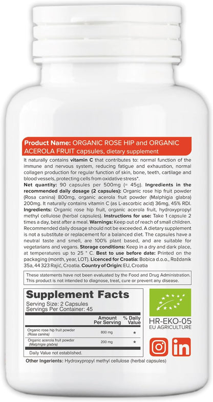 b Natural Rose Hips & Acerola Capsules - Plant-Based Vitamin C 1000mg - Vegan, Non-GMO