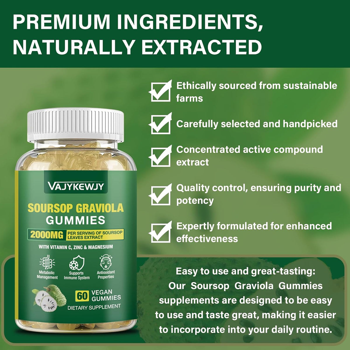 VAJYKEWJY Soursop Graviola Gummies – Extra Strength 2000mg with Vitamin C & Zinc, Vegan, 60 Gummies - görsel 5