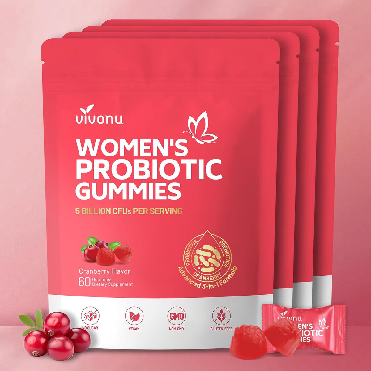 VivoNu Women's Probiotic Gummies - Feminine Balance Support with Cranberry, 60 Count - görsel 10