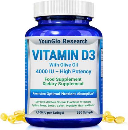 Vitamin D3 4000 IU Food Supplement - 360 Softgels - Bone and Immune Health