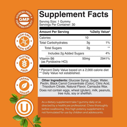 Potent Vitamin B6 Gummies for Adults – Vegan Pyridoxine Chews for Mood, Energy & Immune Support – 30 Count