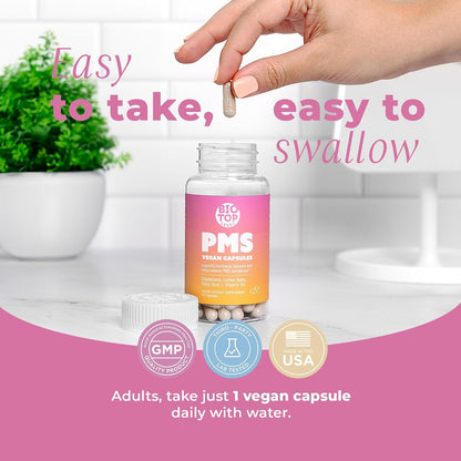 BIOTOPLEVEL PMS Support Supplement – Hormone Balance and Menstrual Relief with Chasteberry, Vitamin B6, Lemon Balm, Dong Quai (30 Vegan Capsules)