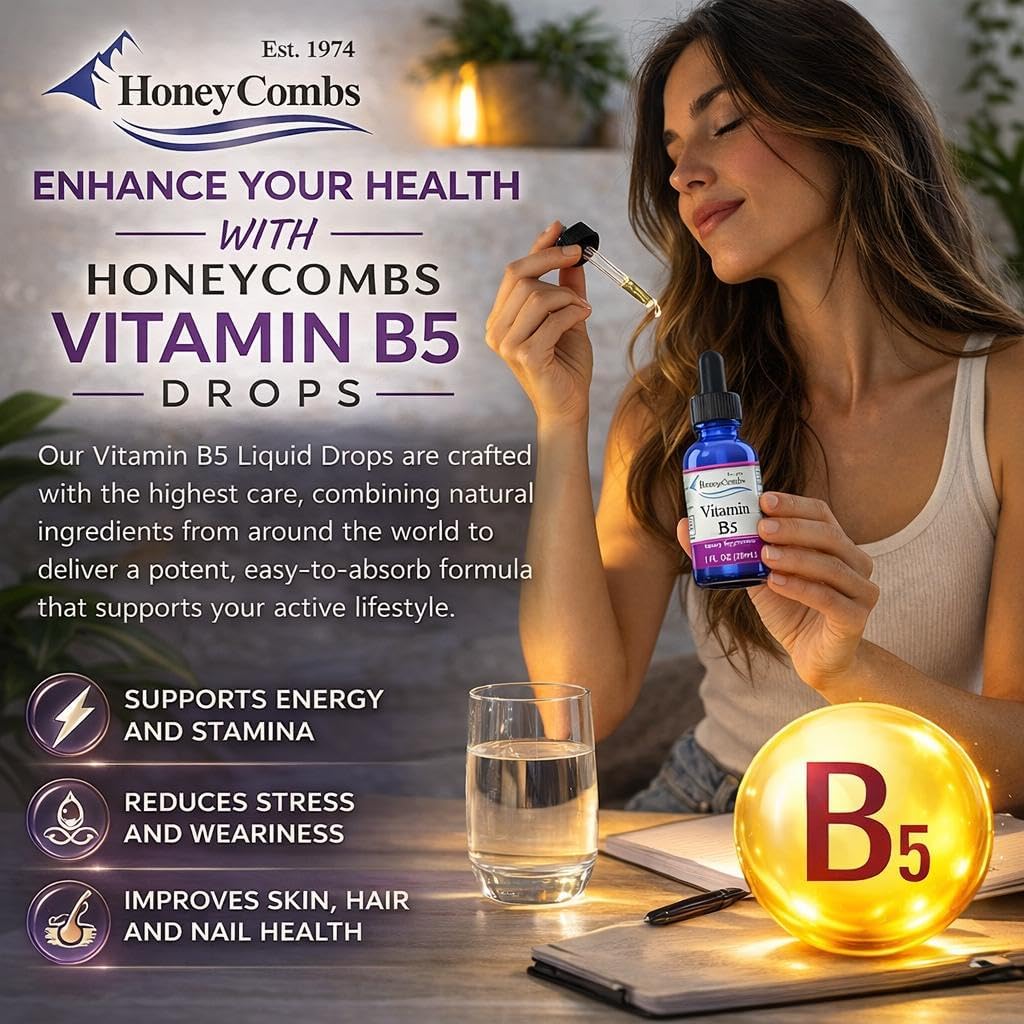 HoneyCombs Vitamin B5 Drops – Liquid Pantothenic Acid Supplement, Vegan, Fast Absorbing, 50 mg per Serving (500% NRV) - görsel 3