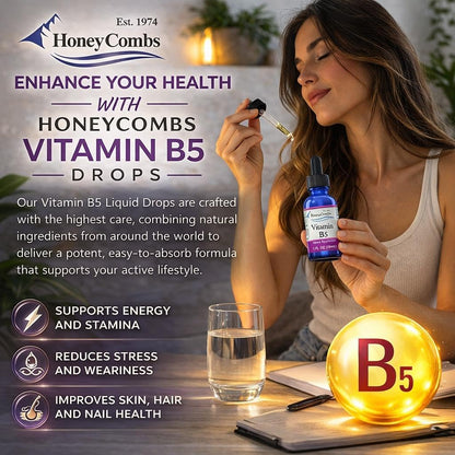 HoneyCombs Vitamin B5 Drops – Liquid Pantothenic Acid Supplement, Vegan, Fast Absorbing, 50 mg per Serving (500% NRV)