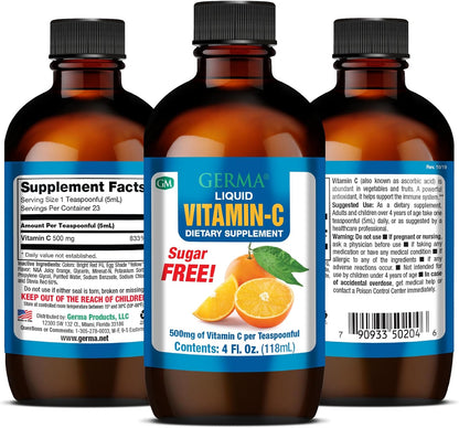Germa Sugar-Free Liquid Vitamin C 500 mg - Fast Absorption Food Supplement - Immune Support - 118 ml
