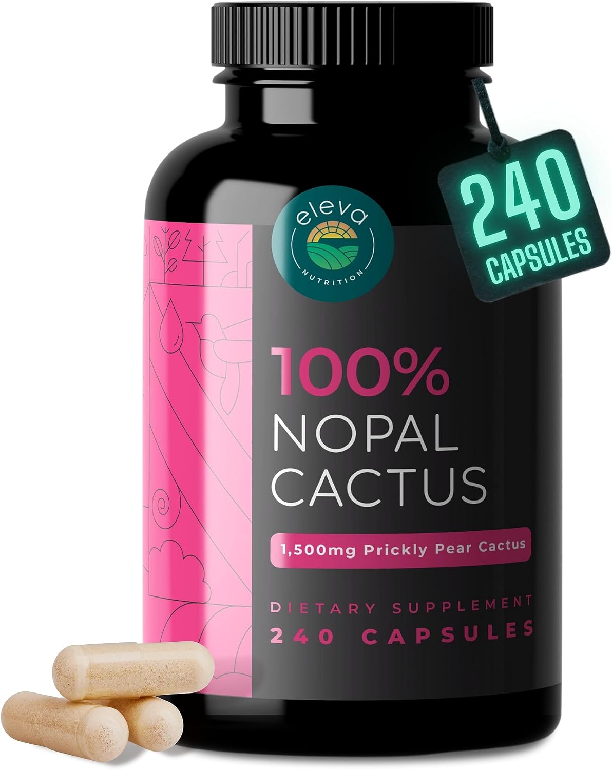 Nopal Cactus Capsules 1500mg – Organic Sun-Dried Prickly Pear Cactus Powder & Black Pepper Extract for Absorption – Natural Prickly Pear Super Supplement, Fibre, Vitamins and Minerals, 240 Capsules - görsel 1
