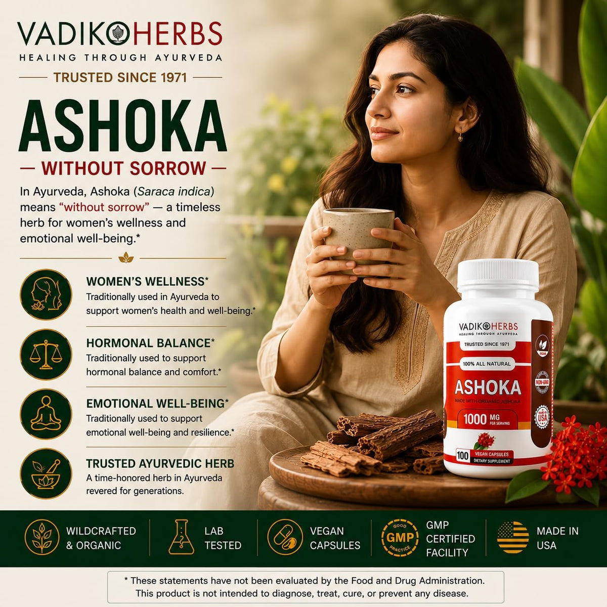 Vadik Herbs Ashoka Bark Capsules – Organic Saraca Indica, 1000mg – Women's Wellness & Hormonal Balance Support - görsel 2