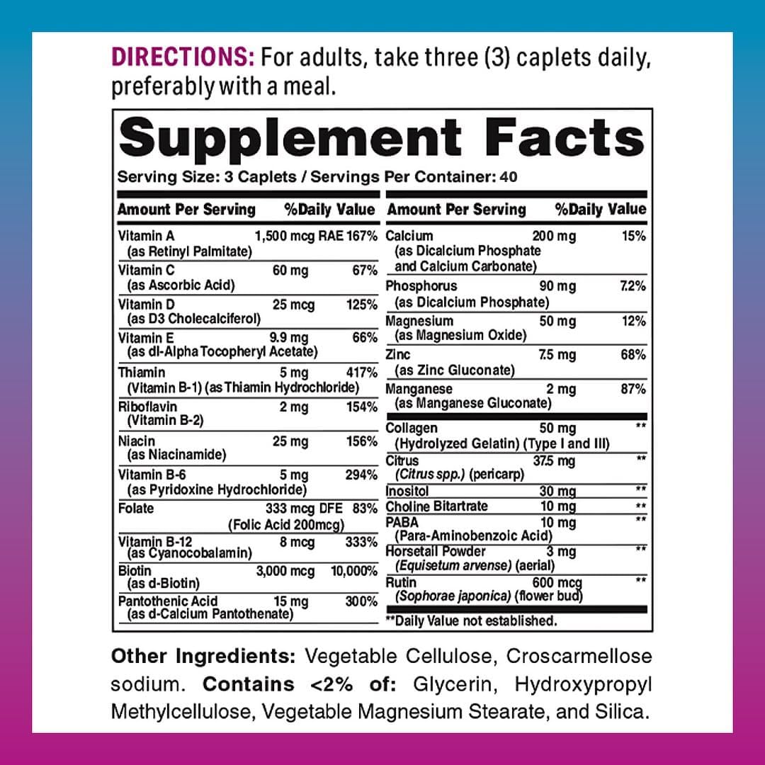 Vitamin World Hair, Skin and Nails Formula - 120 Caplets, Biotin 3000 mcg with Collagen - görsel 2