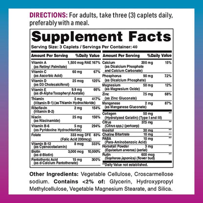 Vitamin World Hair, Skin and Nails Formula - 120 Caplets, Biotin 3000 mcg with Collagen