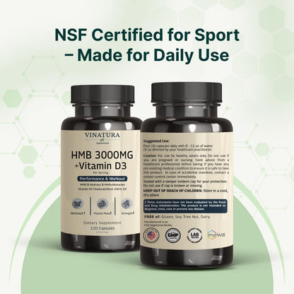 VINATURA HMB 3000mg + Vitamin D3 Food Supplement – NSF Certified for Sport – 120 Capsules