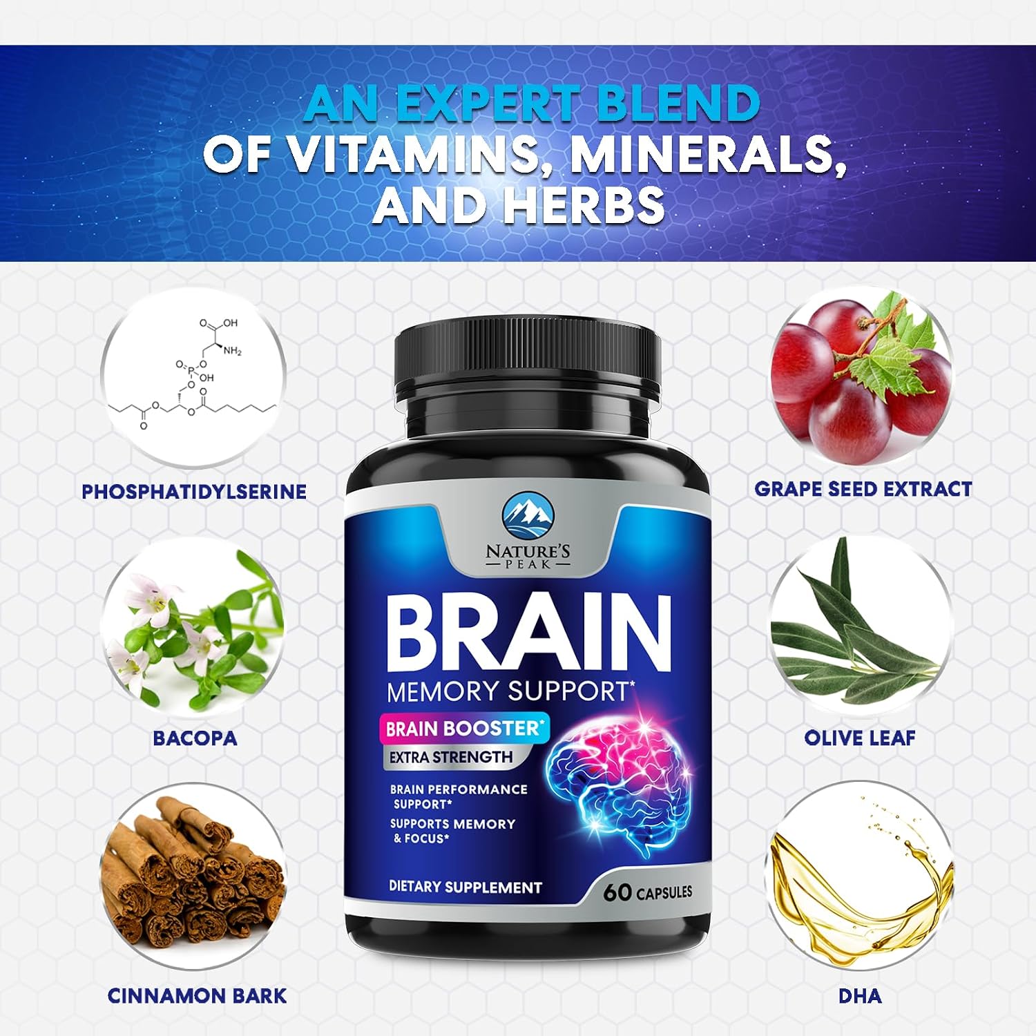 Nature's Peak Brain Memory Supplement – Nootropic Cognitive Support with Bacopa, Phosphatidylserine & DMAE, 60 Capsules - görsel 7