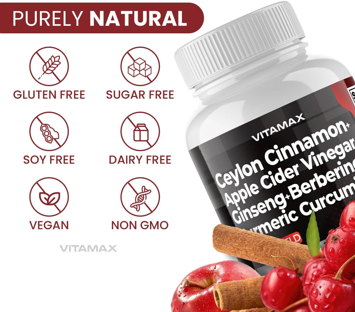 Vitamax Gluco Health Support - 16-in-1 Herbal Blend with Ceylon Cinnamon, ACV, Turmeric - 60 Capsules - görsel 8