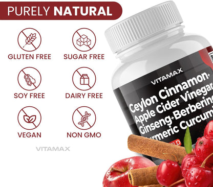 Vitamax Gluco Health Support - 16-in-1 Herbal Blend with Ceylon Cinnamon, ACV, Turmeric - 60 Capsules