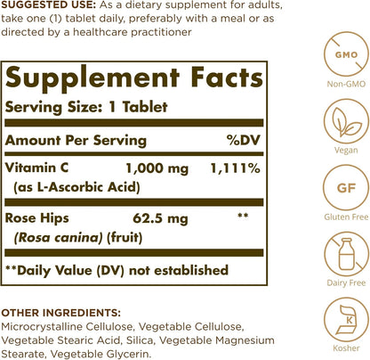 Solgar Vitamin C 1000 mg with Rose Hips – Antioxidant & Immune Support – 100 Tablets