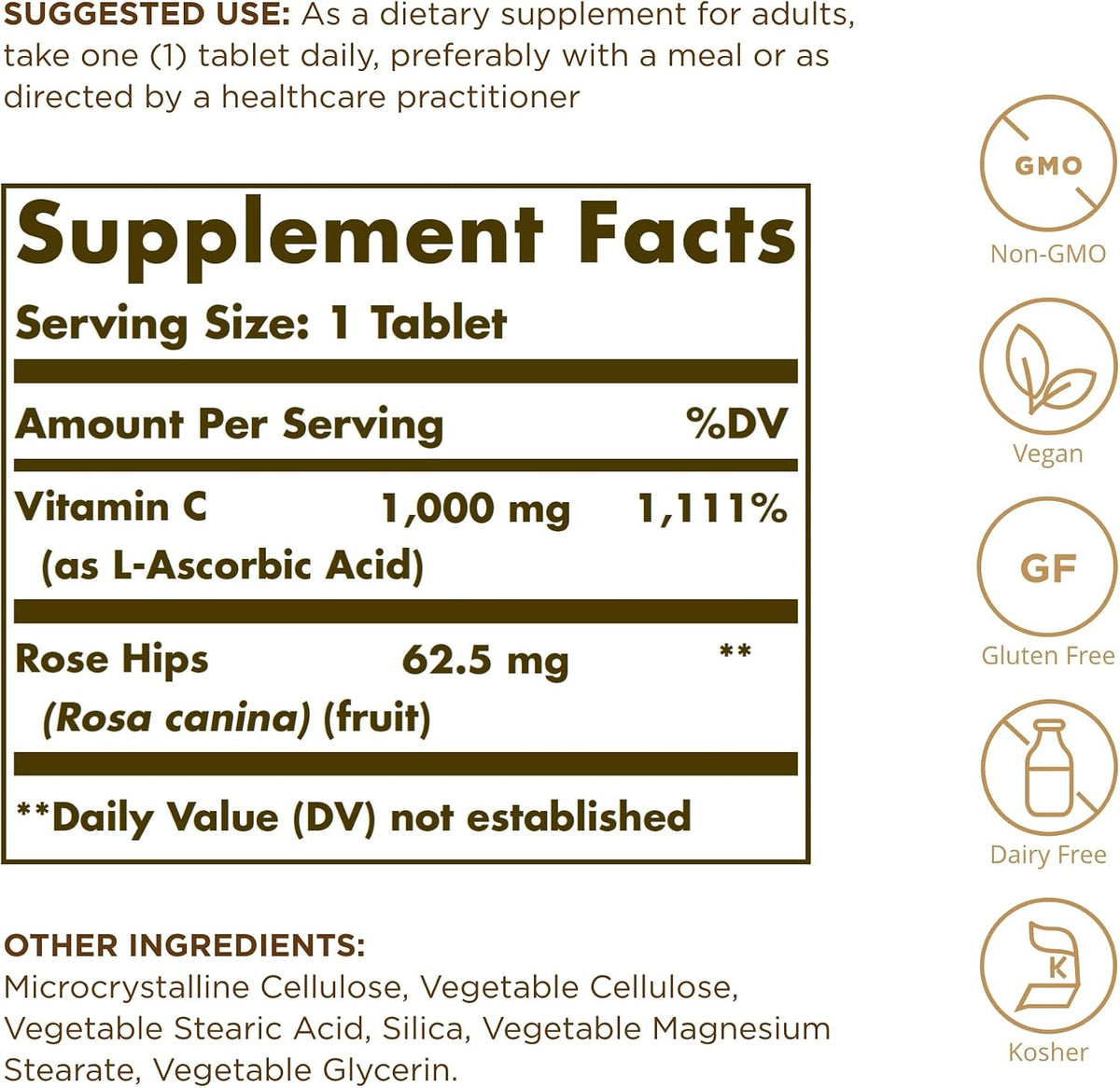 Solgar Vitamin C 1000 mg with Rose Hips, 250 Tablets (Pack of 2) - Antioxidant and Immune Support - Supports Healthy Skin and Joints - Non-GMO, Vegan and Kosher - 500 Servings - görsel 2