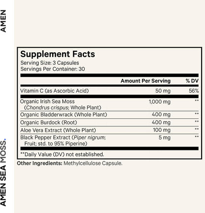 Amen Sea Moss, 1000mg Organic Irish Sea Moss, Bladderwrack, 90 Capsules