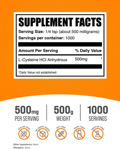 L-Cysteine HCl Powder - Amino Acid Supplement, 500 mg per Serving, 500 g