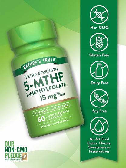 Nature's Truth L-Methylfolate 15mg, 60 Capsules – Extra Strength Active B9 Supplement