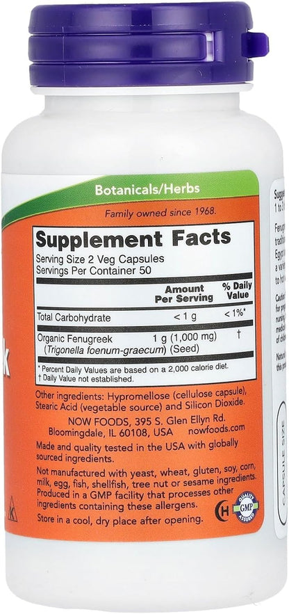 NOW Foods Fenugreek 500mg, 100 Vegetarian Capsules